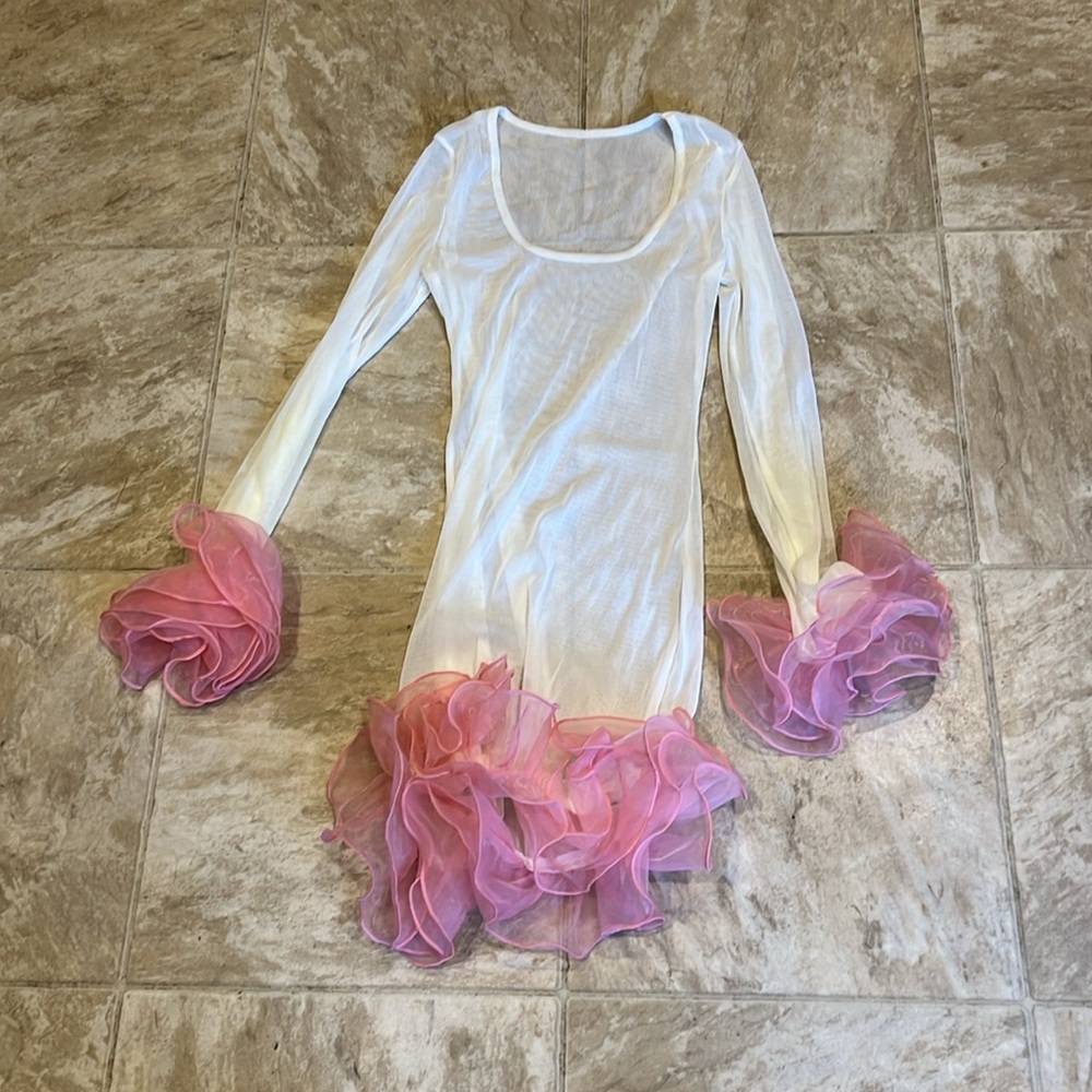 White Sheer Mesh Dress S With Pink Ruffles nwot
